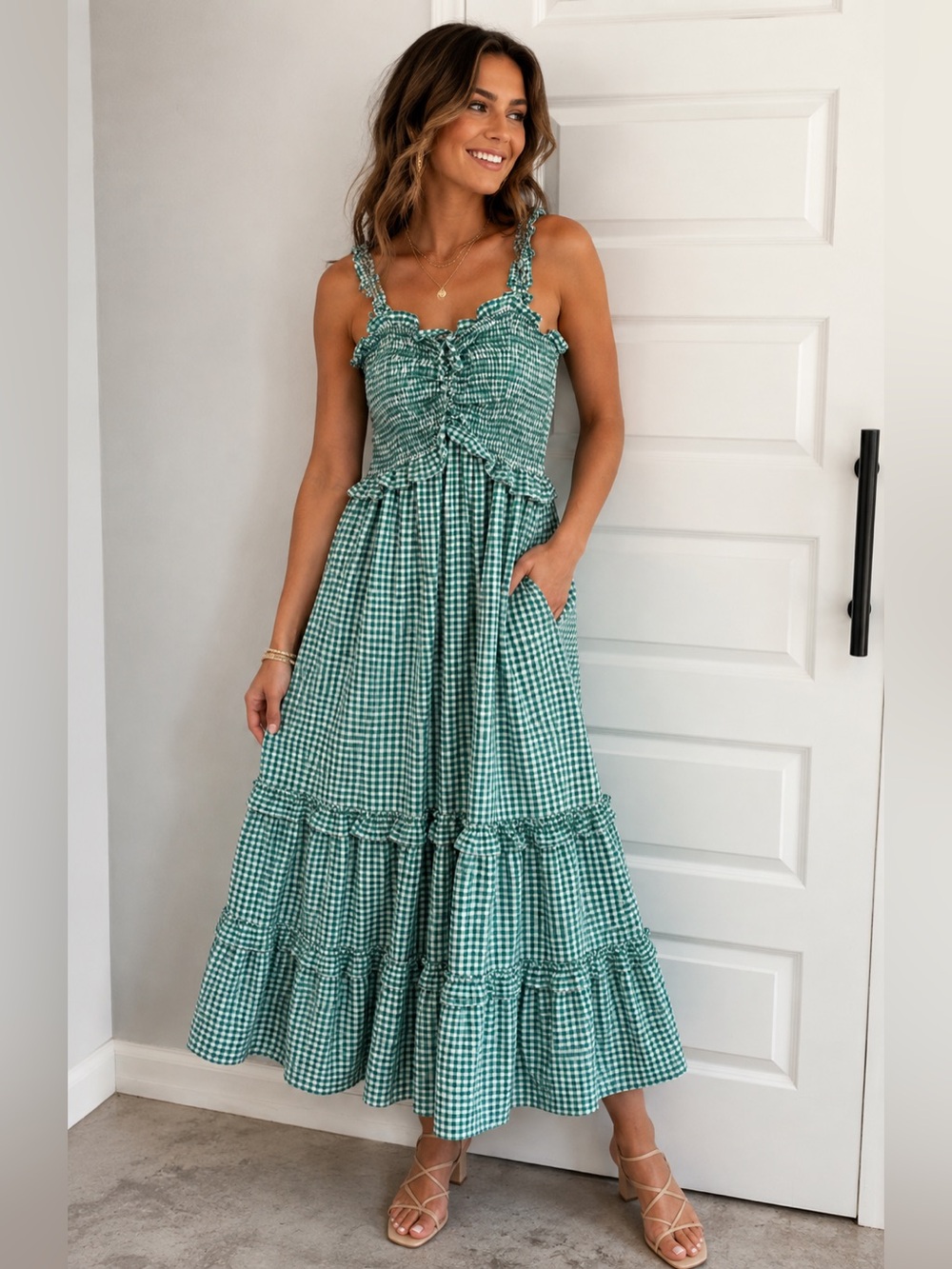 Green Gingham Maxi Dress with Ruffle Straps